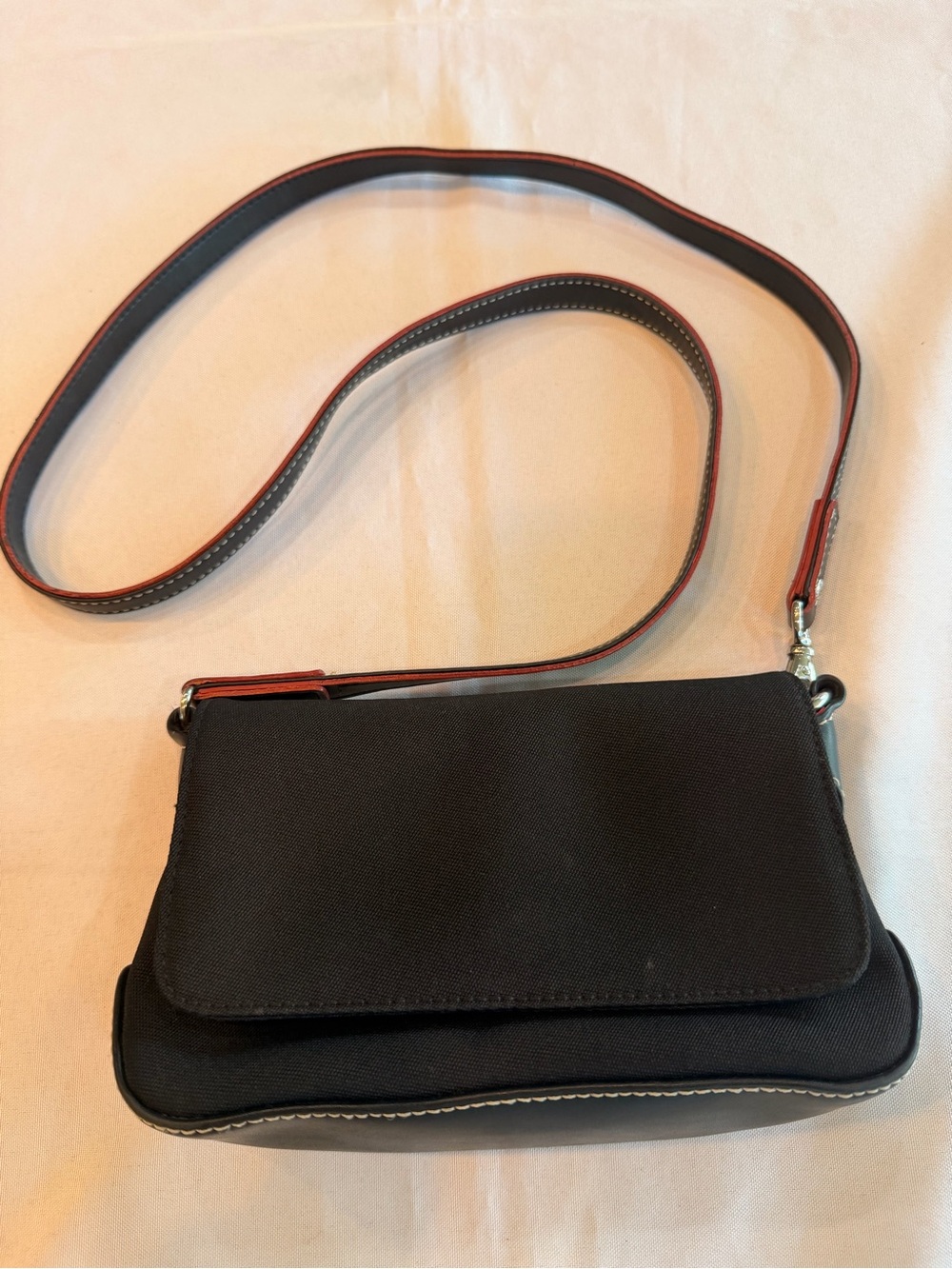 Tommy Hilfiger Black Nylon and Leather Mini Flap Crossbody Bag Red Interior